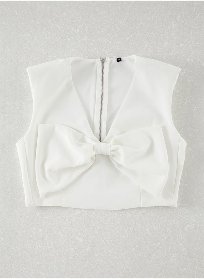 trendyol - White Bow Detail Crop Woven Blouse TPRSS25BZ00022 - Image 1