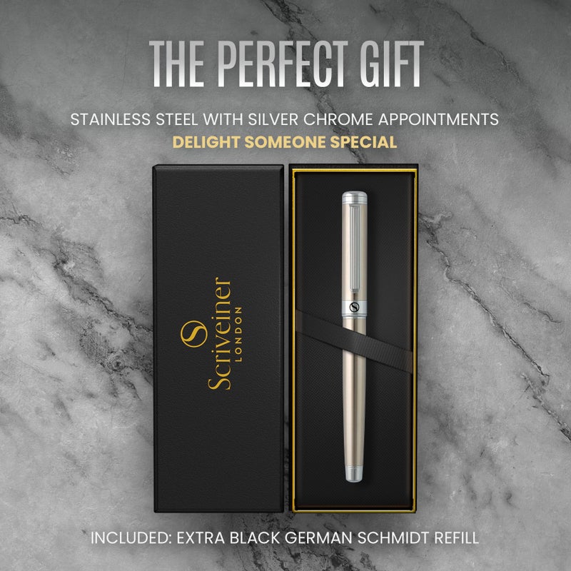 Scriveiner Stainless Steel Rollerball Pen - Stunning Luxury Metal Pen with Silver Chrome Finish, Schmidt Ink Refill, Best Roller Ball Pen Gift Set for Men & Women - Image 3