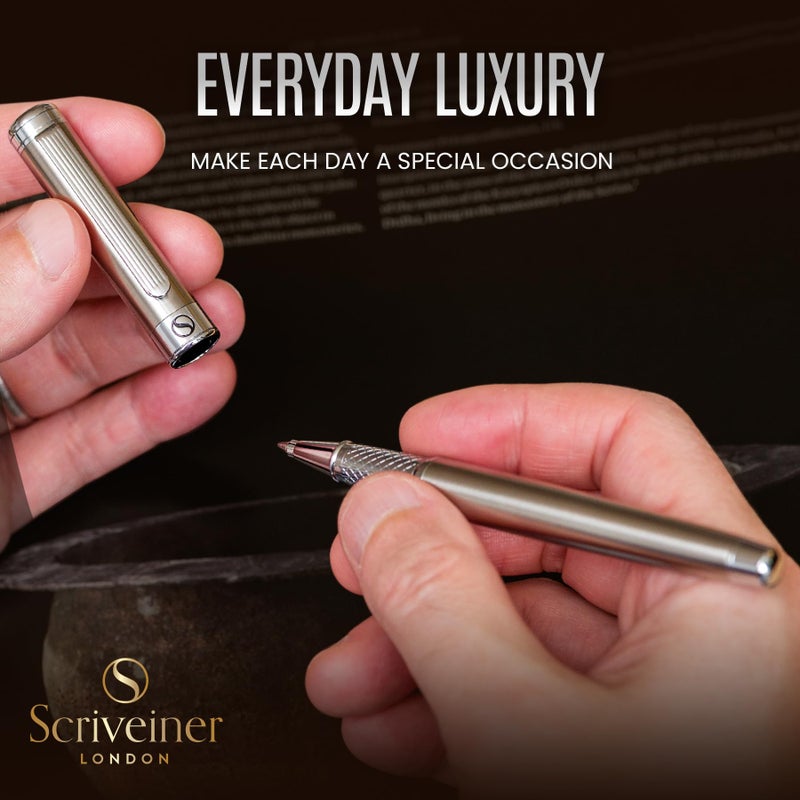 Scriveiner Stainless Steel Rollerball Pen - Stunning Luxury Metal Pen with Silver Chrome Finish, Schmidt Ink Refill, Best Roller Ball Pen Gift Set for Men & Women - Image 5