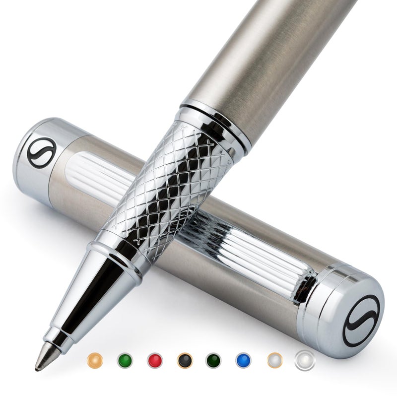 Scriveiner Stainless Steel Rollerball Pen - Stunning Luxury Metal Pen with Silver Chrome Finish, Schmidt Ink Refill, Best Roller Ball Pen Gift Set for Men & Women - Image 1