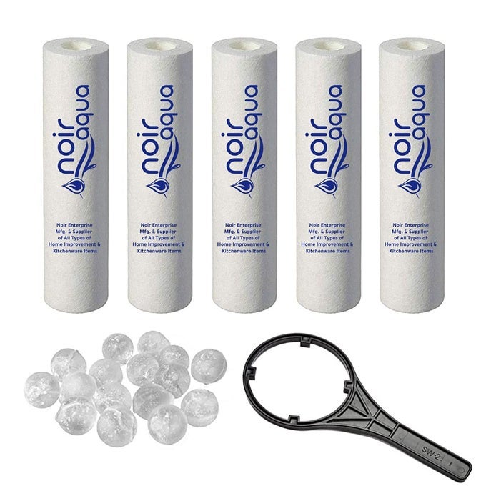 5PCS PP SPUN FILTER 1 SPANNER WITH 5PCS ANTISCALANT BALLS FOR ALL TYPES OF RO WATER PURIFIERS RO SPUN FILTER CARTRIDGE SPONGE REPLACEMENT WATER FILTER CANDLE