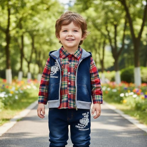 Yao 9M-5T Spring Autumn Baby Boys 3pcs Clothing Set Cotton Shirt Jeans Denim Vest(9-12months,Red) - Image 5