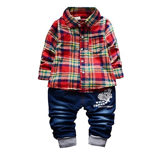 Yao 9M-5T Spring Autumn Baby Boys 3pcs Clothing Set Cotton Shirt Jeans Denim Vest(9-12months,Red) - Image 4