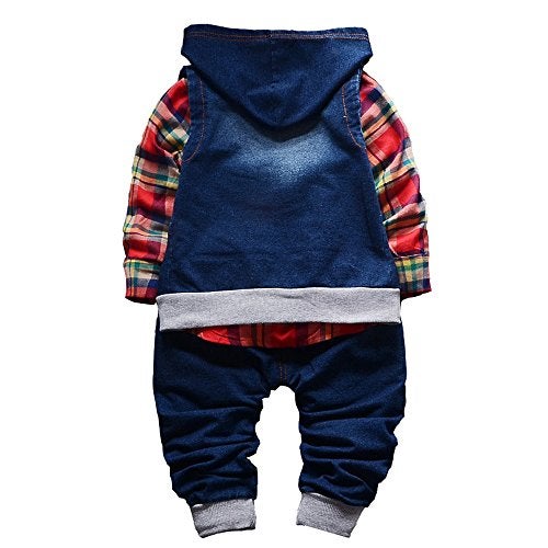 Yao 9M-5T Spring Autumn Baby Boys 3pcs Clothing Set Cotton Shirt Jeans Denim Vest(9-12months,Red) - Image 2