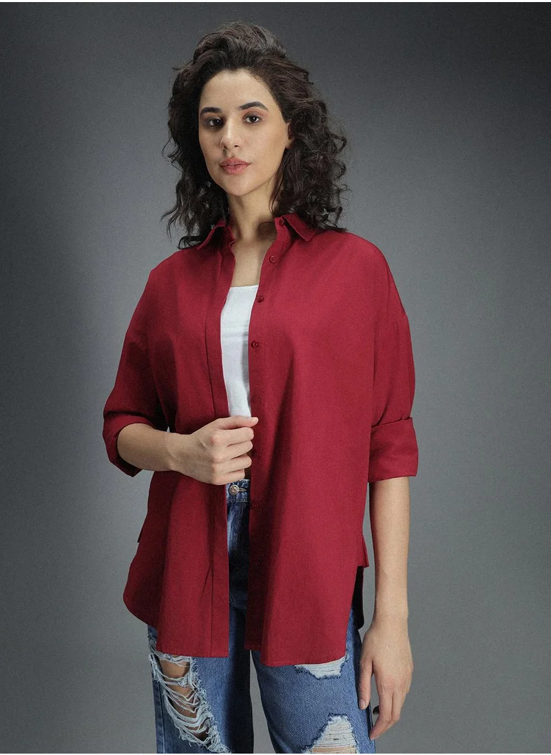 هاي ستار Oversized Red Drop-Shoulder Sleeves Casual Shirt for Women