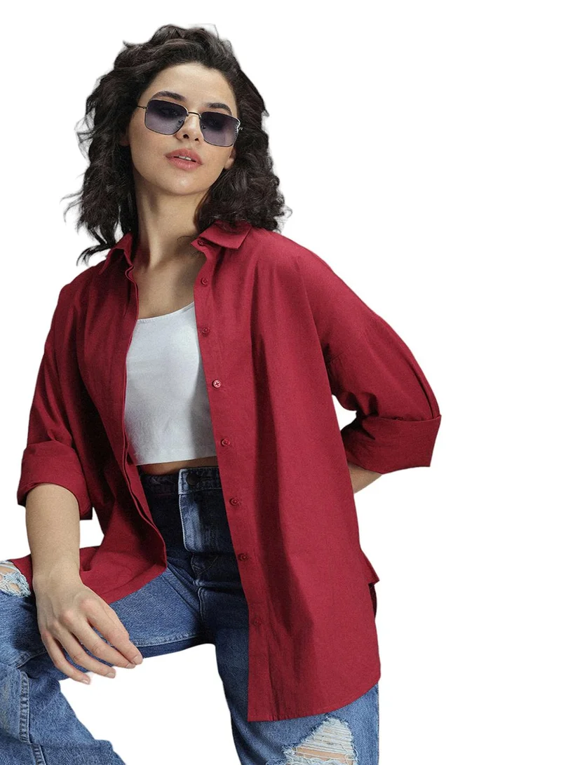 HIGH STAR Oversized Red Drop-Shoulder Sleeves Casual Shirt for Women