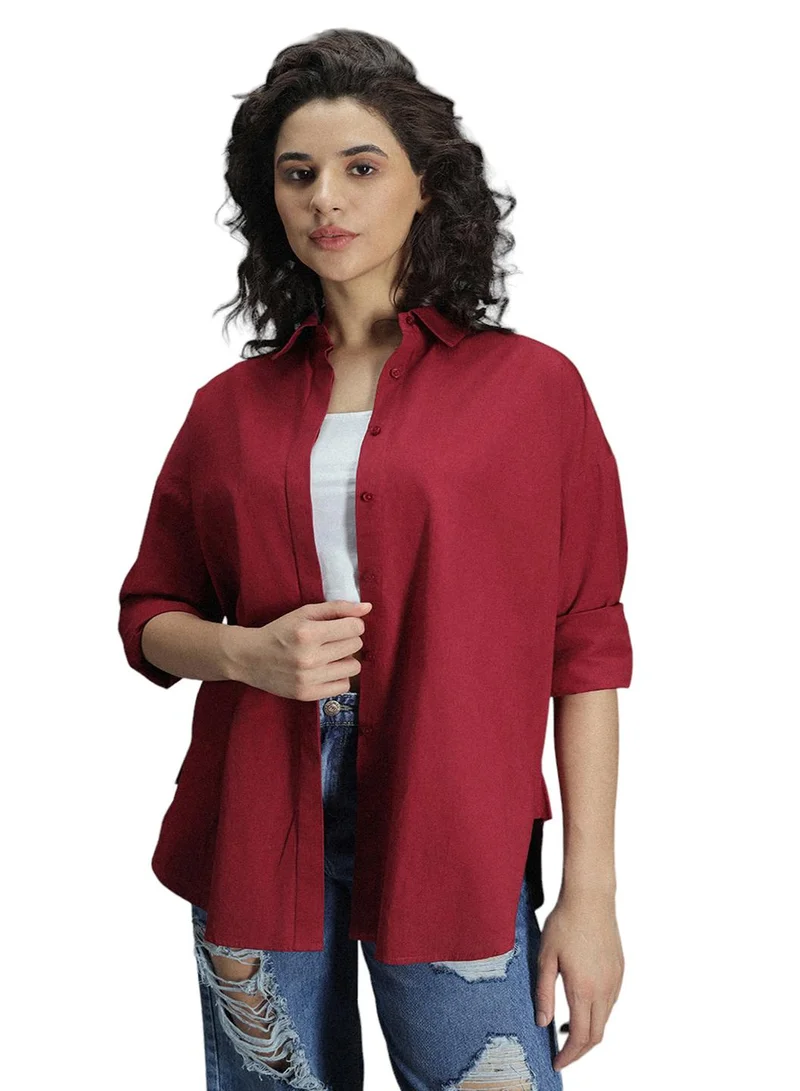 HIGH STAR Oversized Red Drop-Shoulder Sleeves Casual Shirt for Women
