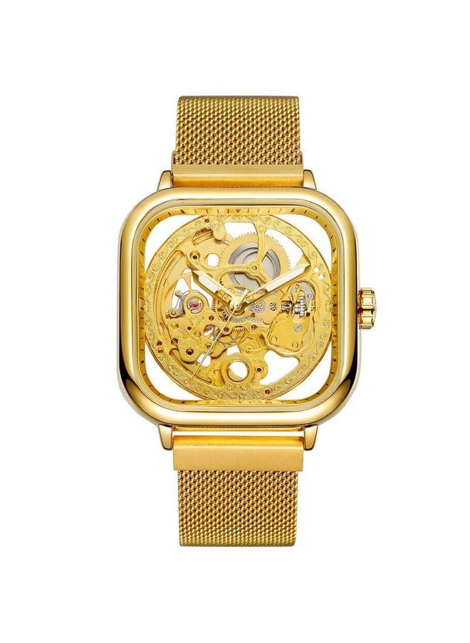 FORSINING FORSINING Automatic Mechanical Skeleton Transparent Analog Mesh Steel Band Men's Watch-Fsg8181, Dial Color_Gold,Band Color-Gold  - Image 2