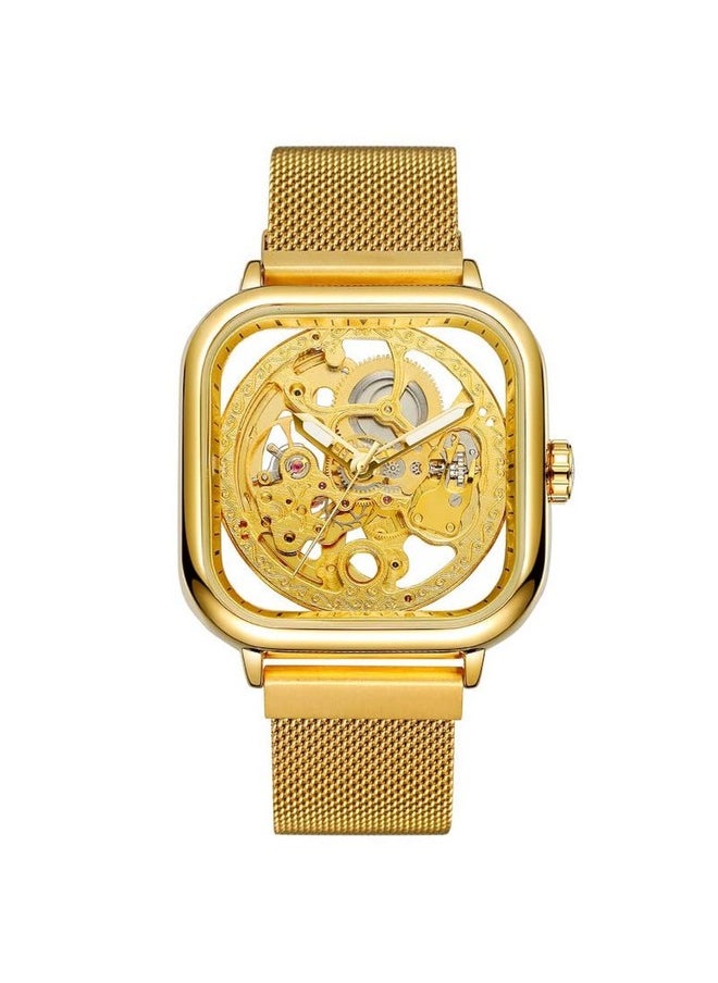 FORSINING FORSINING Automatic Mechanical Skeleton Transparent Analog Mesh Steel Band Men's Watch-Fsg8181, Dial Color_Gold,Band Color-Gold  - Image 1