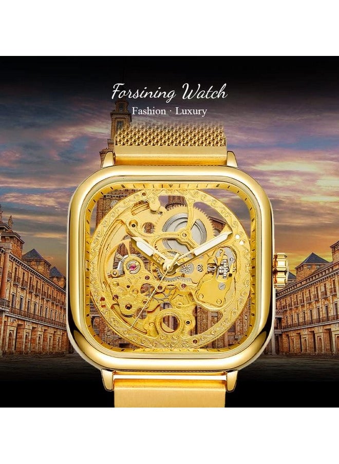 FORSINING FORSINING Automatic Mechanical Skeleton Transparent Analog Mesh Steel Band Men's Watch-Fsg8181, Dial Color_Gold,Band Color-Gold  - Image 5