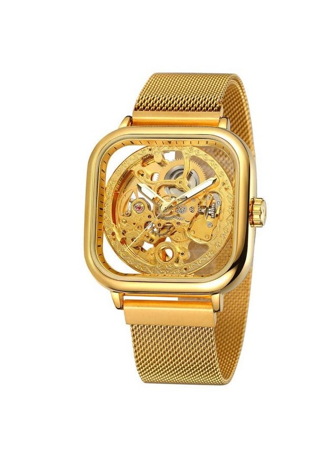 FORSINING FORSINING Automatic Mechanical Skeleton Transparent Analog Mesh Steel Band Men's Watch-Fsg8181, Dial Color_Gold,Band Color-Gold  - Image 3