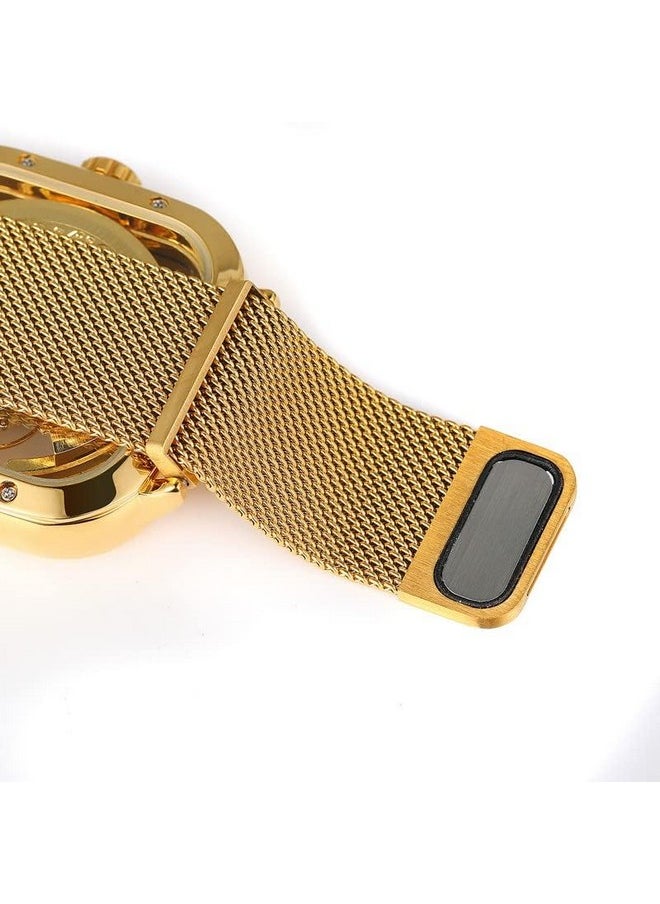 FORSINING FORSINING Automatic Mechanical Skeleton Transparent Analog Mesh Steel Band Men's Watch-Fsg8181, Dial Color_Gold,Band Color-Gold  - Image 4