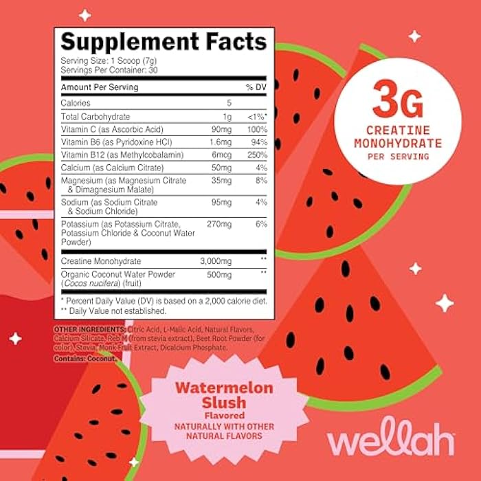 Wellah Creatine + Hydration Powder (Watermelon Slush) 30 Servings - Electrolyte Drink with 3g of Creatine Monohydrate - Image 2