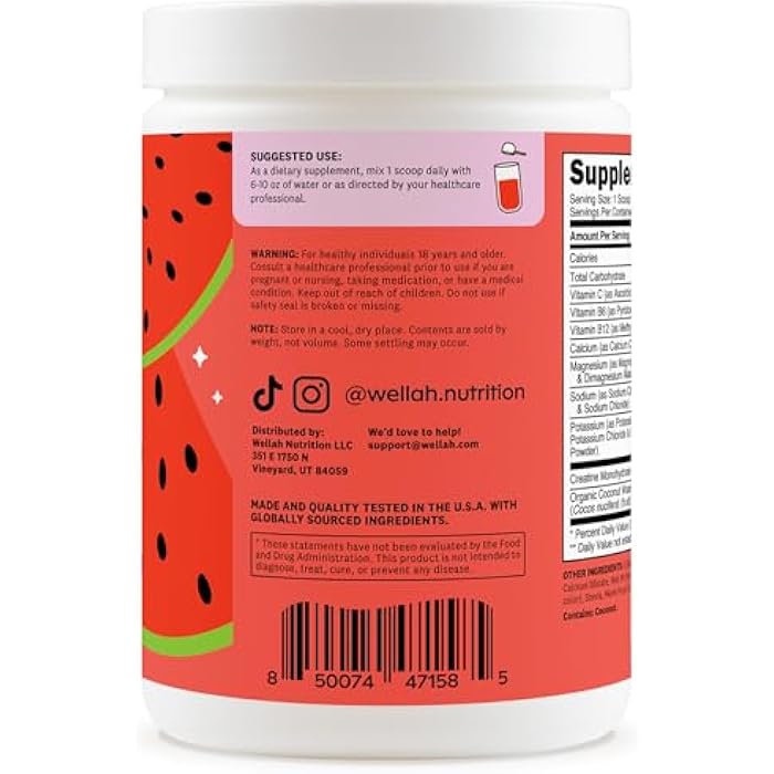 Wellah Creatine + Hydration Powder (Watermelon Slush) 30 Servings - Electrolyte Drink with 3g of Creatine Monohydrate - Image 3