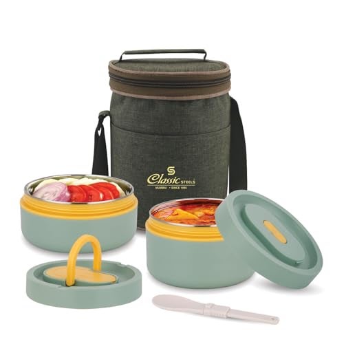 Classic Steels Sattvic Insulated Stainless Steel Lunch Box 2 Containers 350 ml Each & 1 Spoon | Microwave Safe | Leak Proof Air Tight Hot Lunch Box| Keep Your Meal Fresh and Hot Upto 4 Hours - Image 1