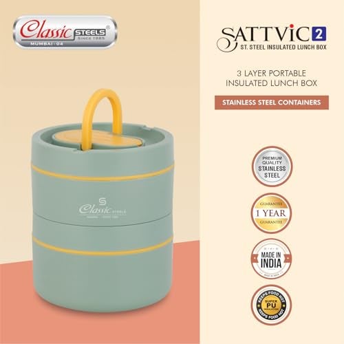 Classic Steels Sattvic Insulated Stainless Steel Lunch Box 2 Containers 350 ml Each & 1 Spoon | Microwave Safe | Leak Proof Air Tight Hot Lunch Box| Keep Your Meal Fresh and Hot Upto 4 Hours - Image 5