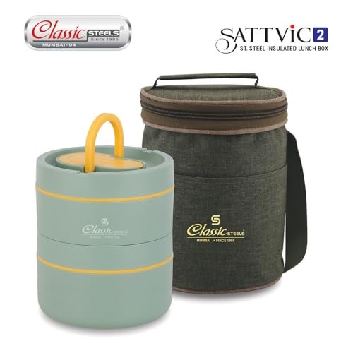 Classic Steels Sattvic Insulated Stainless Steel Lunch Box 2 Containers 350 ml Each & 1 Spoon | Microwave Safe | Leak Proof Air Tight Hot Lunch Box| Keep Your Meal Fresh and Hot Upto 4 Hours - Image 3