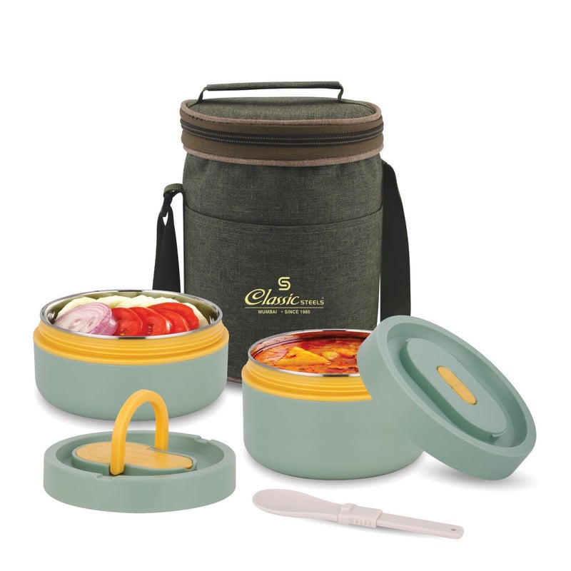 Classic Steels Sattvic Insulated Stainless Steel Lunch Box 2 Containers 350 ml Each & 1 Spoon | Microwave Safe | Leak Proof Air Tight Hot Lunch Box| Keep Your Meal Fresh and Hot Upto 4 Hours - Image 2