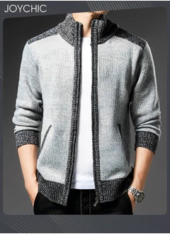 Joychic Autumn And Winter Men  Cardigan Coat Warm Sweater Jacket Long Sleeve Block Stand Collar Wool Men Zipper Knitted Thick Coat Light Grey  - Image 2