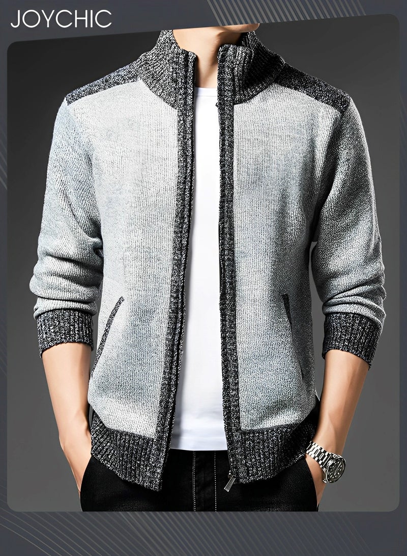Joychic Autumn And Winter Men  Cardigan Coat Warm Sweater Jacket Long Sleeve Block Stand Collar Wool Men Zipper Knitted Thick Coat Light Grey  - Image 2