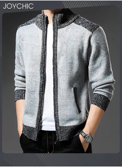 Joychic Autumn And Winter Men  Cardigan Coat Warm Sweater Jacket Long Sleeve Block Stand Collar Wool Men Zipper Knitted Thick Coat Light Grey  - Image 3