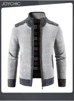 Joychic Autumn And Winter Men  Cardigan Coat Warm Sweater Jacket Long Sleeve Block Stand Collar Wool Men Zipper Knitted Thick Coat Light Grey  - Image 1