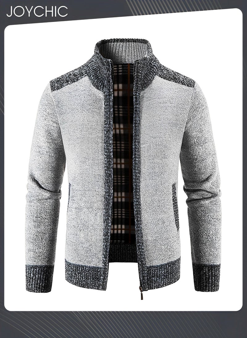 Joychic Autumn And Winter Men  Cardigan Coat Warm Sweater Jacket Long Sleeve Block Stand Collar Wool Men Zipper Knitted Thick Coat Light Grey  - Image 1