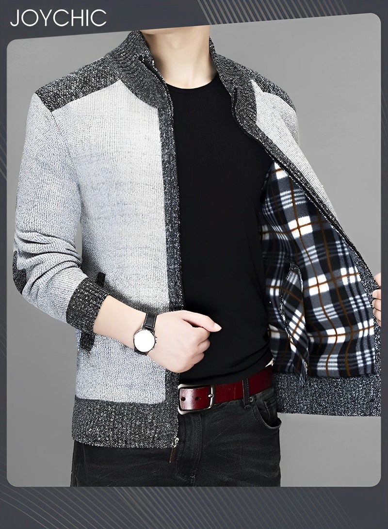Joychic Autumn And Winter Men  Cardigan Coat Warm Sweater Jacket Long Sleeve Block Stand Collar Wool Men Zipper Knitted Thick Coat Light Grey  - Image 4