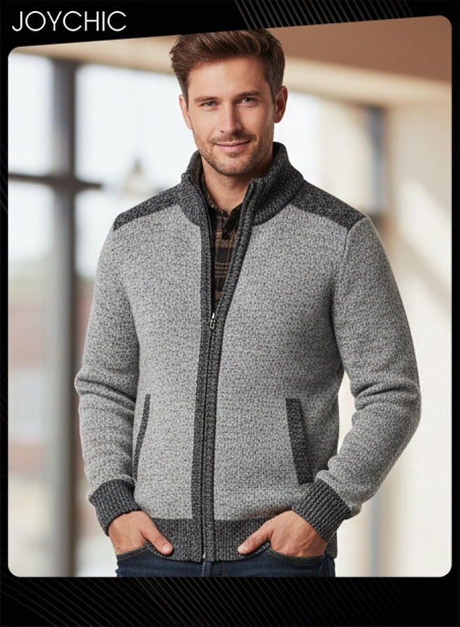 Joychic Autumn And Winter Men  Cardigan Coat Warm Sweater Jacket Long Sleeve Block Stand Collar Wool Men Zipper Knitted Thick Coat Light Grey - Image 1
