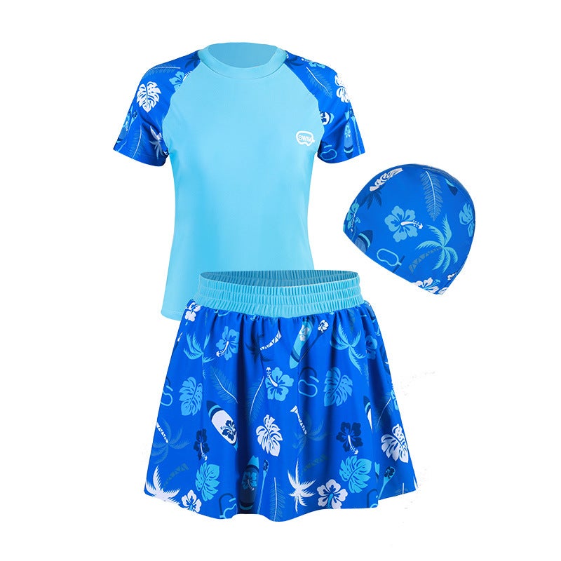Generic Girls Plus Size Two-Piece Swimwear Quick Dry UV Protection Skirt and swimming cap