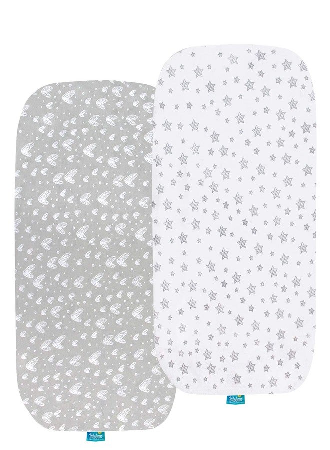 Biloban Bassinet Sheets Compatible with ANGELBLISS Baby Bassinet, Koolerthings (3 in 1) Bedside Sleeper, Pamo Babe and Ihoming Bedside Bassinet, 2 Pack, 100% Jersey Cotton, Breathable and Soft, Grey Print - Image 1