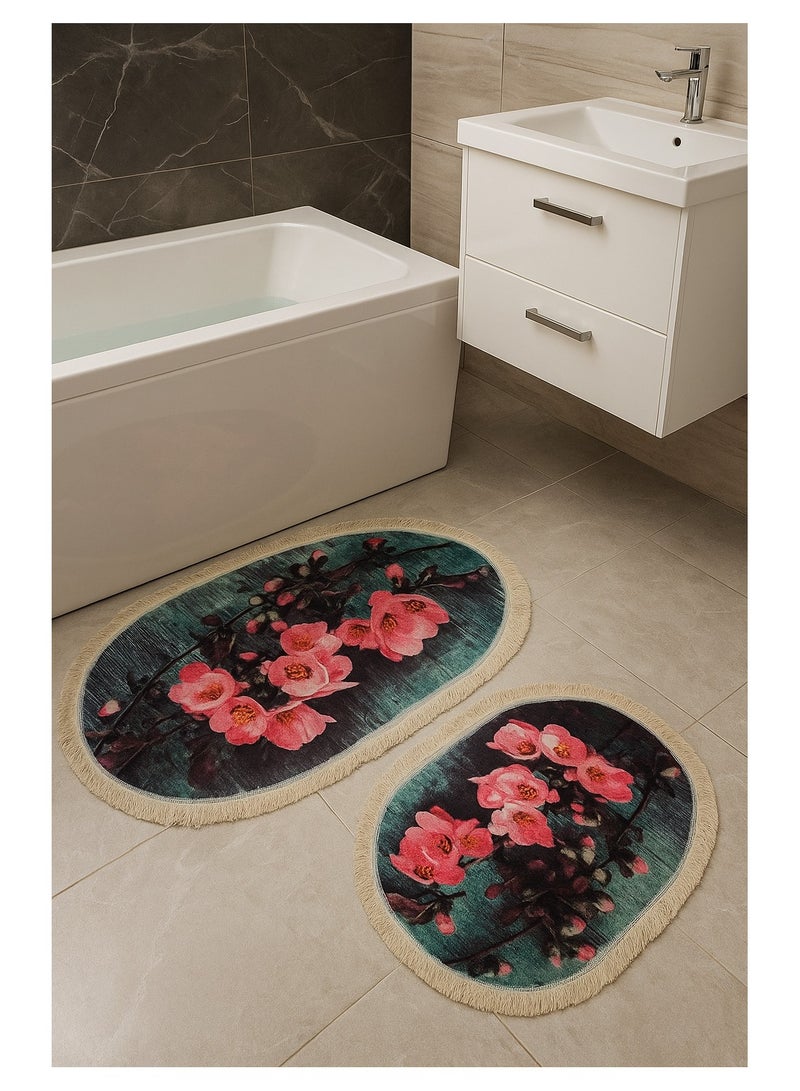 Fabienne 2-Pc Floor Mat Set Turkish Large Anti-Slip Door Mat Set Digital Printed Bath Mat Water Absorbing Kitchen Mat Oval Shape (100x60cm & 60x50cm) with Tassle Edges Multicolor