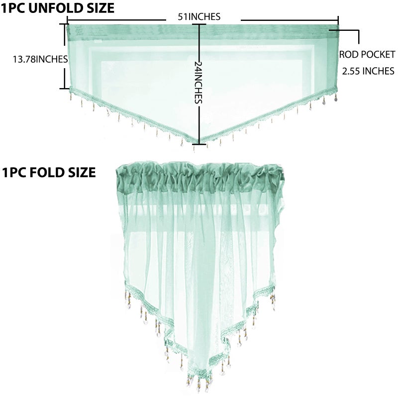 PearAge Beaded Sheer Valance Curtains for Living Room,Rod Pocket Farmhouse Window Valance, Bead Trim Tassel Voile Sheer Curtain Valance for Bedroom Bathroom Cafe 51x24 Inches (Mineral Blue) 1PC - Image 2