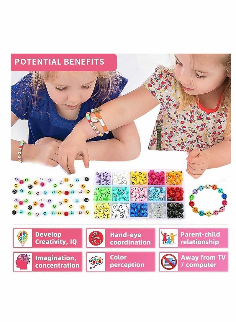 KASTWAVE Smiley Face Beads Kit, 300 Pcs 15 Colors Mixed Smiley Heishi Preppy Flat Round Beads with Crystal String, for Jewelry Making Bracelet Earring Necklace DIY Craft Supplies Hair Accessories - Image 3