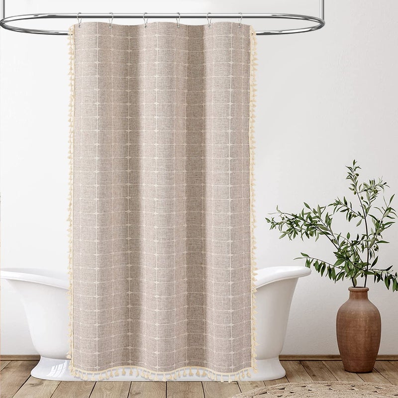 BTTN BTTN Boho Stall Shower Curtain  36x72 Narrow Linen Ultra Thick Fabric Tassel Shower Curtain set with 6 Plastic Hooks  Small Walk In Modern Farmhouse Chic Country Shower Curtain for Bathroom  Tan/Taupe - Image 1
