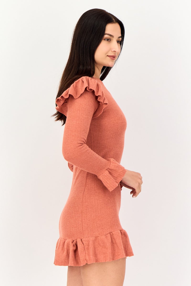 Olalook Women Solid Mini Dress, Brown - Image 2