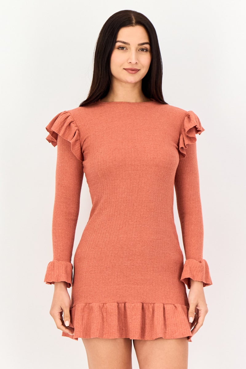 Olalook Women Solid Mini Dress, Brown - Image 1