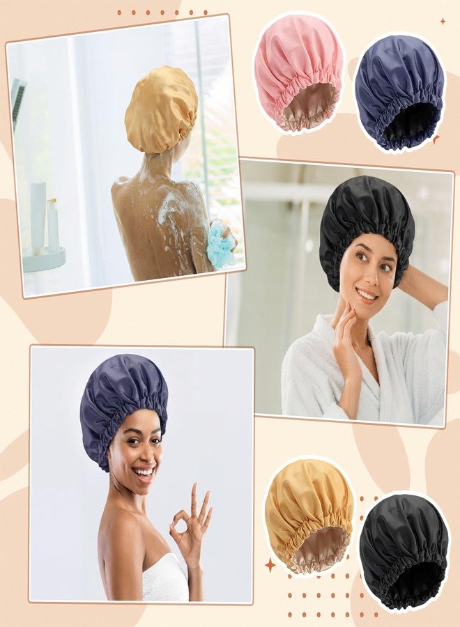 Janmercy 4 Pcs Shower Cap Satin Lined for Hair Protection Waterproof Reusable for Women Long Hair Bath Caps with Satin Interior - Image 5