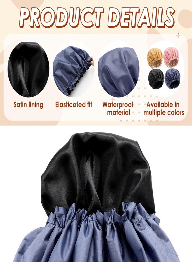 Janmercy 4 Pcs Shower Cap Satin Lined for Hair Protection Waterproof Reusable for Women Long Hair Bath Caps with Satin Interior - Image 3