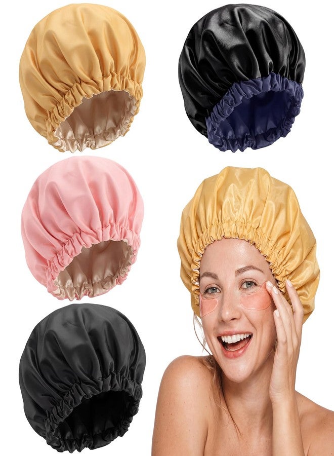 Janmercy 4 Pcs Shower Cap Satin Lined for Hair Protection Waterproof Reusable for Women Long Hair Bath Caps with Satin Interior - Image 1