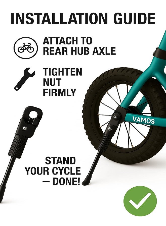 VAMOS® 20 Inch Cycle Stand & Kickstand for 20T Bicycles | Fits Tyre Size 20×1.75 / 2.125 / 2.35 / 2.40 | Heavy-Duty Steel Side Stand with Anti-Slip Rubber Base | Hub Axle Bracket Mount - Image 5