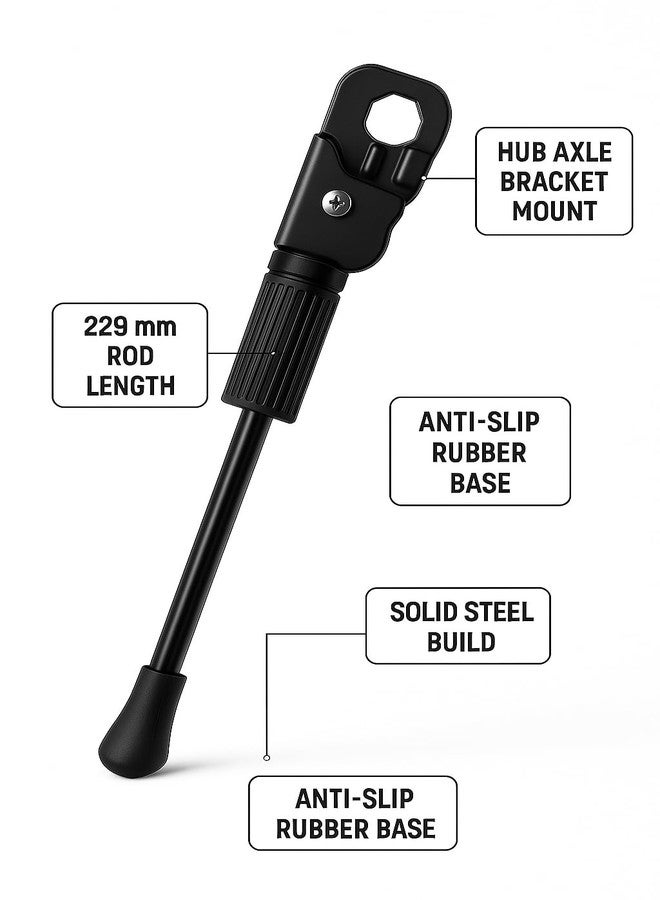 VAMOS® 20 Inch Cycle Stand & Kickstand for 20T Bicycles | Fits Tyre Size 20×1.75 / 2.125 / 2.35 / 2.40 | Heavy-Duty Steel Side Stand with Anti-Slip Rubber Base | Hub Axle Bracket Mount - Image 2