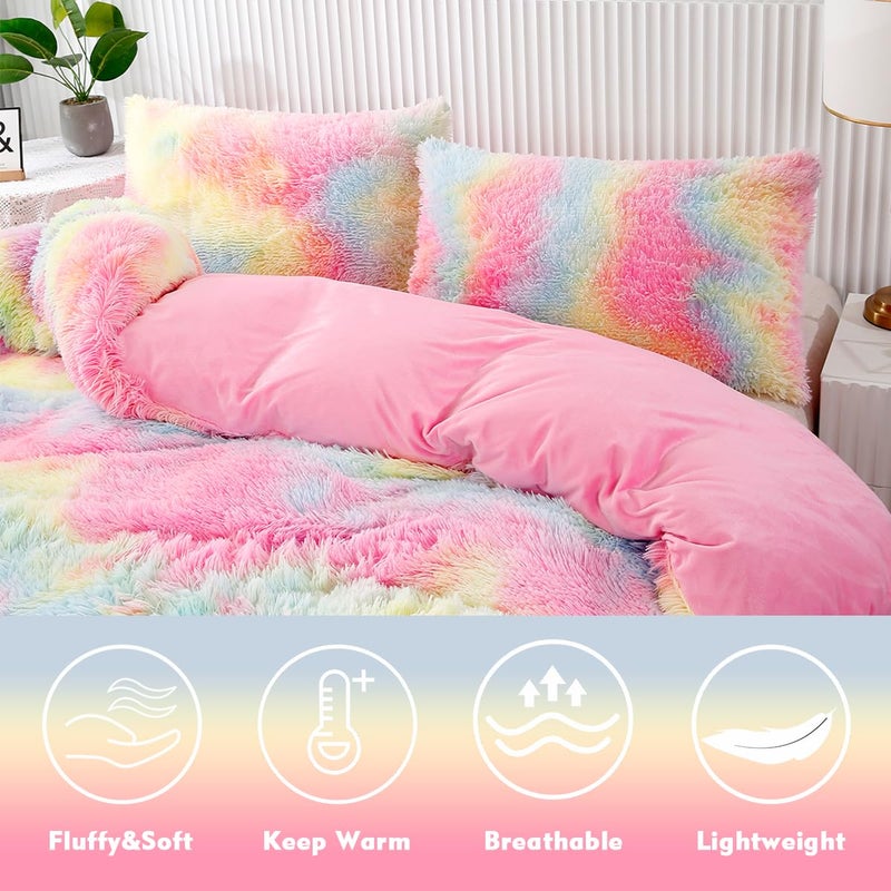 PERFEMET Pink Faux Fur Fluffy Comforter Twin 3-Piece Colorful Rainbow Plush Shaggy Bedding Sets for Girls Tie Dye Fuzzy Furry Comforter Set(Pink, Twin) - Image 3