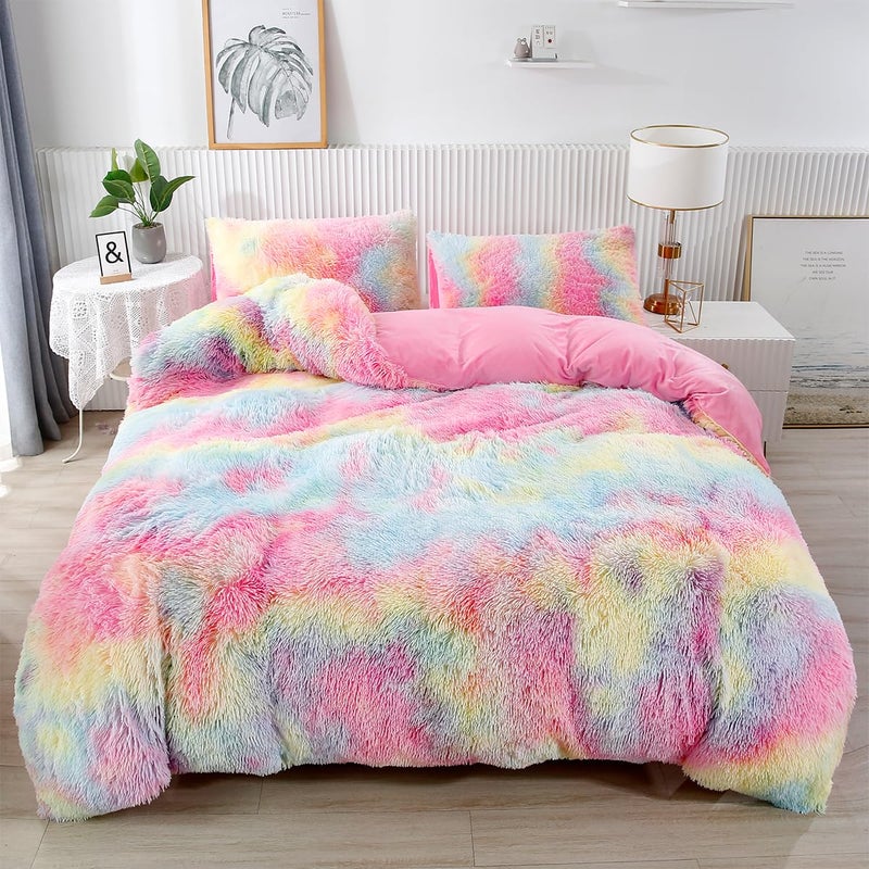 PERFEMET Pink Faux Fur Fluffy Comforter Twin 3-Piece Colorful Rainbow Plush Shaggy Bedding Sets for Girls Tie Dye Fuzzy Furry Comforter Set(Pink, Twin) - Image 2