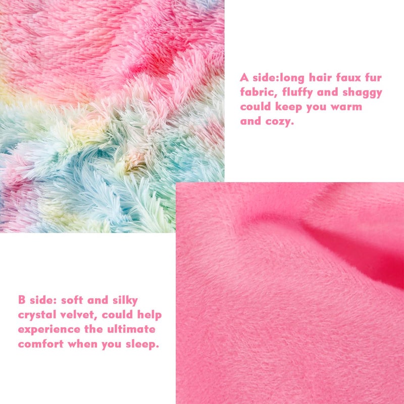 PERFEMET Pink Faux Fur Fluffy Comforter Twin 3-Piece Colorful Rainbow Plush Shaggy Bedding Sets for Girls Tie Dye Fuzzy Furry Comforter Set(Pink, Twin) - Image 5