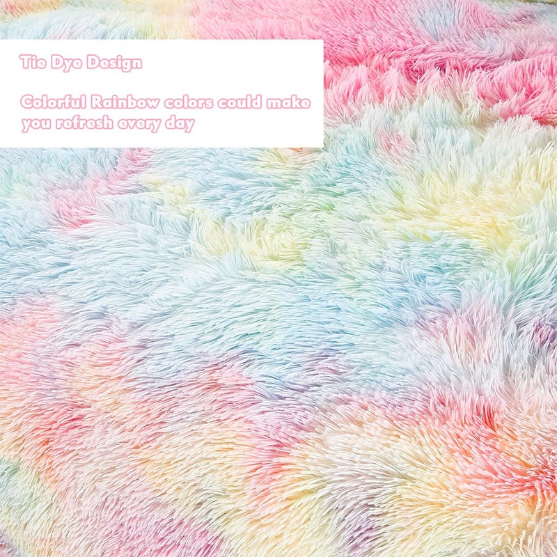PERFEMET Pink Faux Fur Fluffy Comforter Twin 3-Piece Colorful Rainbow Plush Shaggy Bedding Sets for Girls Tie Dye Fuzzy Furry Comforter Set(Pink, Twin) - Image 4