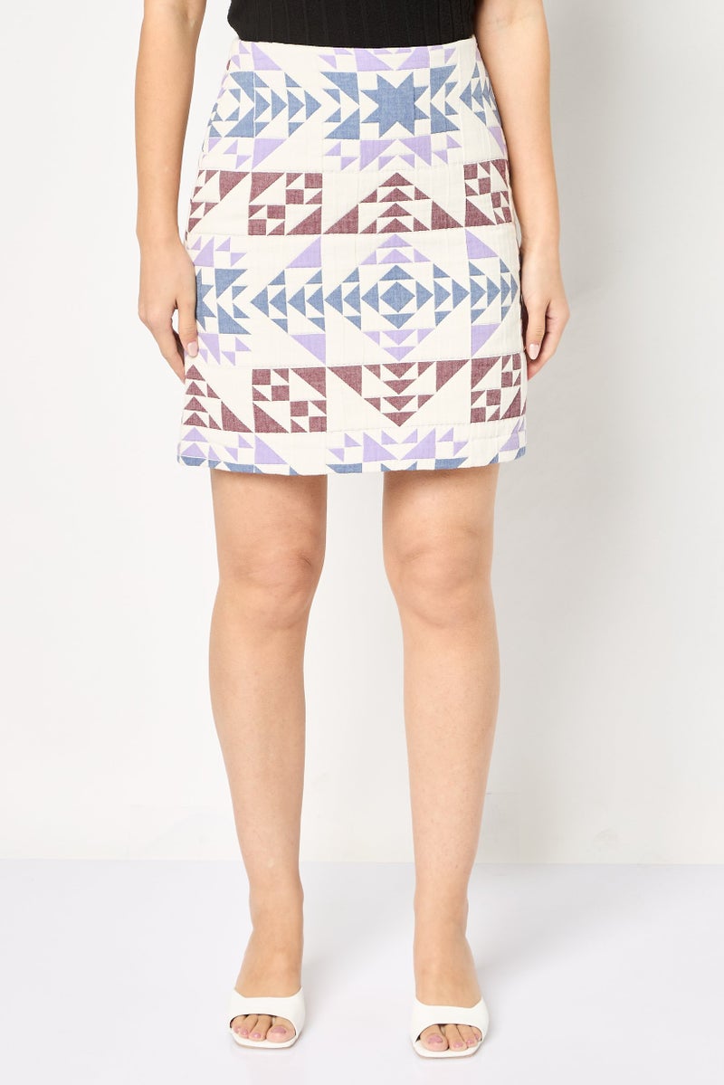promod Women Geometric Print Mini Skirt, Multicolor - Image 1