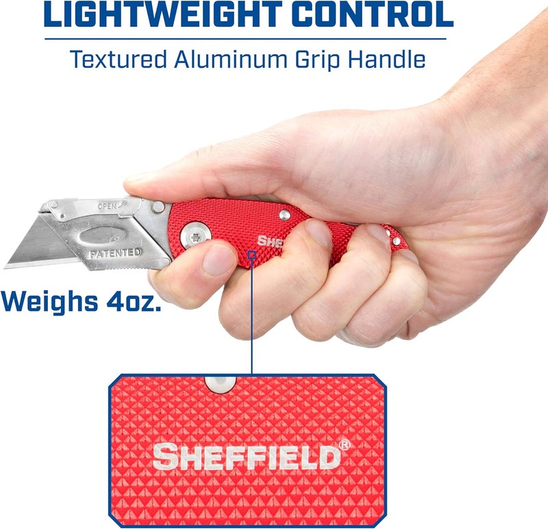 Sheffield Folding Utility Knife, Accepts Standard Utility Knife Blades, Box Cutter Aluminum Handle, Razor Blades Included, For Home, Office, Trades, and Warehouse - Image 4