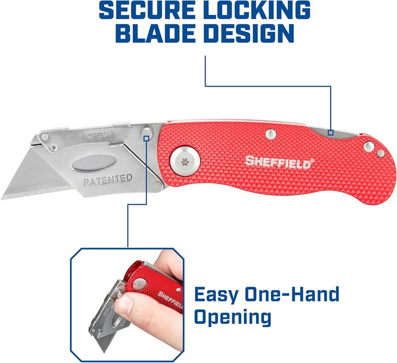 Sheffield Folding Utility Knife, Accepts Standard Utility Knife Blades, Box Cutter Aluminum Handle, Razor Blades Included, For Home, Office, Trades, and Warehouse - Image 5