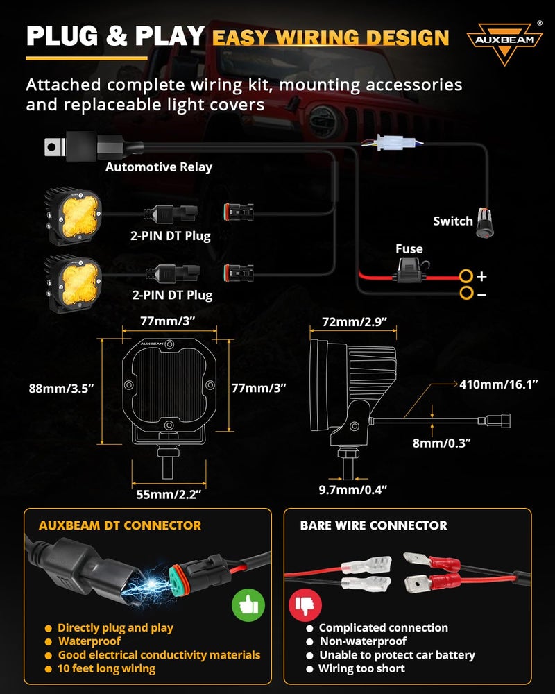 Auxbeam XP-Ultra Series 3 Inch Flood Beam LED Pods, 80W 9600LM 120° Wide Flood, Amber/White Lens Covers, Off Road Fog Light Bar LED Cubes Ditch Lights, for RZR Polaris Ford Bronco UTV ATV - Image 5